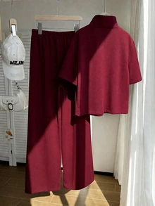 SHEIN Tween Girls 2pcs/Set Round Neck Casual Hoodie Set,Burgundy Autumn Back-To-School Embroidery Zip-Up Short Sleeve Cropped Sweatshirt&Loose Fit Pants - Burgundy - View 2