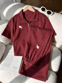 SHEIN Tween Girls 2pcs/Set Round Neck Casual Hoodie Set,Burgundy Autumn Back-To-School Embroidery Zip-Up Short Sleeve Cropped Sweatshirt&Loose Fit Pants - Burgundy - View 3