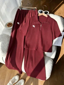 SHEIN Tween Girls 2pcs/Set Round Neck Casual Hoodie Set,Burgundy Autumn Back-To-School Embroidery Zip-Up Short Sleeve Cropped Sweatshirt&Loose Fit Pants - Burgundy - View 4