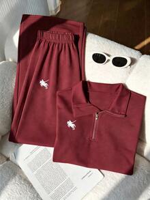 SHEIN Tween Girls 2pcs/Set Round Neck Casual Hoodie Set,Burgundy Autumn Back-To-School Embroidery Zip-Up Short Sleeve Cropped Sweatshirt&Loose Fit Pants - Burgundy - View 1