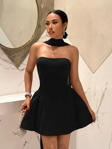 Slaydiva 2025 New Party, Birthday, Cocktail, Valentine's Day, Halloween, Christmas, Wedding, Daily Casual French Style Strapless A-Line Princess Mini Dress-Red - Black - View 5