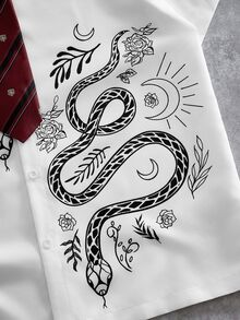 ROMWE MEN Street Life Teen Boy Summer Casual Snake Print Collared Shirt - White - View 5