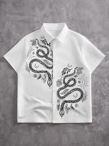 ROMWE MEN Street Life Teen Boy Summer Casual Snake Print Collared Shirt - White - View 6