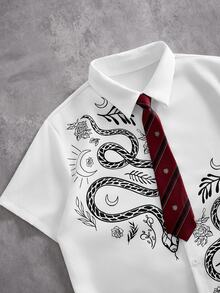 ROMWE MEN Street Life Teen Boy Summer Casual Snake Print Collared Shirt - White - View 3