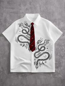 ROMWE MEN Street Life Teen Boy Summer Casual Snake Print Collared Shirt - White - View 1