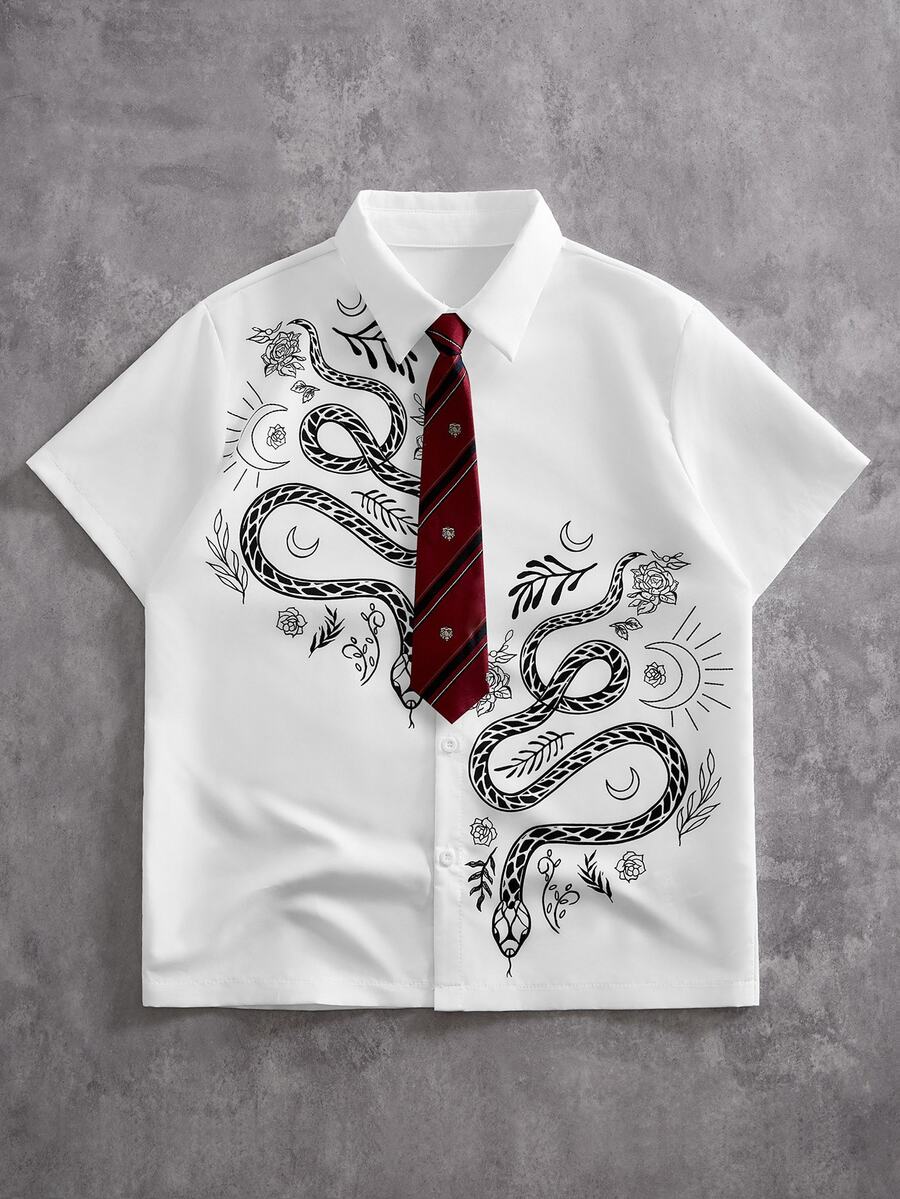ROMWE MEN Street Life Teen Boy Summer Casual Snake Print Collared Shirt - White - View 1