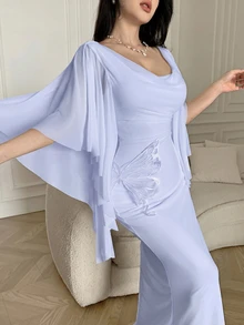Feyla Women's Solid Color Butterfly Decor Asymmetrical Dress Wedding Birthday Dinner Dinner Date Lavender Summer Romantic Elegant - Violet Purple - View 7