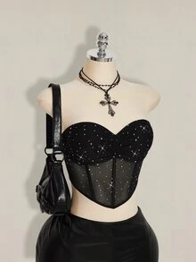 SHEIN ICON 褶皱头巾下摆网眼黑色束身胸衣 - 黑色 - 查看 7