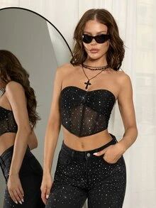 SHEIN ICON 褶皱头巾下摆网眼黑色束身胸衣 - 黑色 - 查看 3