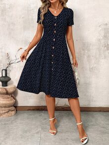 SHEIN Clasi V领纽扣红色圆点腰收腰女式连衣裙，春季服装，情人节连衣裙 - 藏蓝色 - 查看 5
