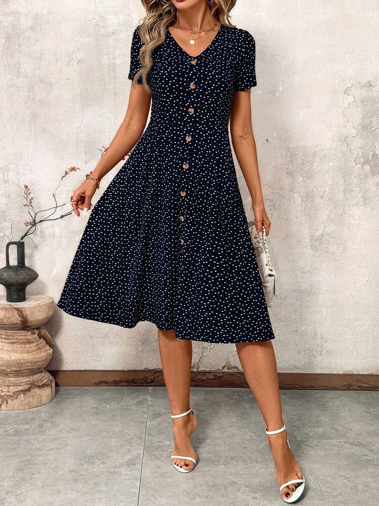 SHEIN Clasi V-Neck Button Red Polka Dot Waist Cinched Women Dress,Spring Clothes,Valentine Day Dress Summer Dresses For Women,Sun Dresses For Women - Navy Blue - View 5