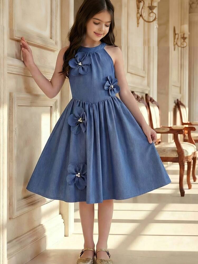 Elladie kids Tween Girls Dark Blue Embellished Floral Sleeveless Jumpsuit Loose Fit Young Girls Cute Elegant Light Commuting Vacation Daily Outfit Party Summer - Blue - View 2