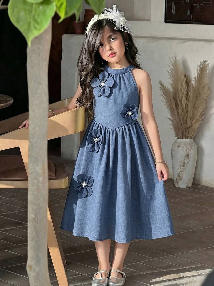 Elladie kids Tween Girls Dark Blue Embellished Floral Sleeveless Jumpsuit Loose Fit Young Girls Cute Elegant Light Commuting Vacation Daily Outfit Party Summer - Blue - View 9
