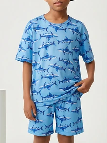 2pcs/Set Casual Solid Color Short Sleeve Top And Plaid Shorts Loungewear Set For Tween BoyComfortable And Loose Fit - Blue - View 7