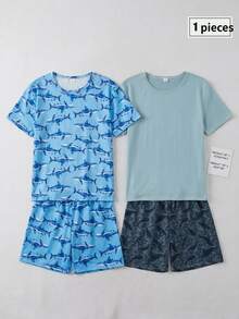 2pcs/Set Casual Solid Color Short Sleeve Top And Plaid Shorts Loungewear Set For Tween BoyComfortable And Loose Fit - Blue - View 1