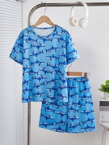 2pcs/Set Casual Solid Color Short Sleeve Top And Plaid Shorts Loungewear Set For Tween BoyComfortable And Loose Fit - Blue - View 3