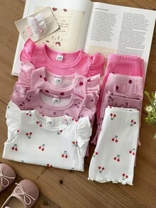 SHEIN 女嬰 0-3 歲粉色夏季可愛家庭套裝 針織羅紋短袖背心上衣短褲套裝 適合家庭拍照 淡粉色 - 彩色 - 查看 5