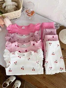 SHEIN 女嬰 0-3 歲粉色夏季可愛家庭套裝 針織羅紋短袖背心上衣短褲套裝 適合家庭拍照 淡粉色 - 彩色 - 查看 6