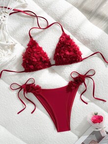 Swim Mod 2 件套纯色优雅吊带碎花休闲度假风格女士泳衣 - 酒紅色 - 查看 4