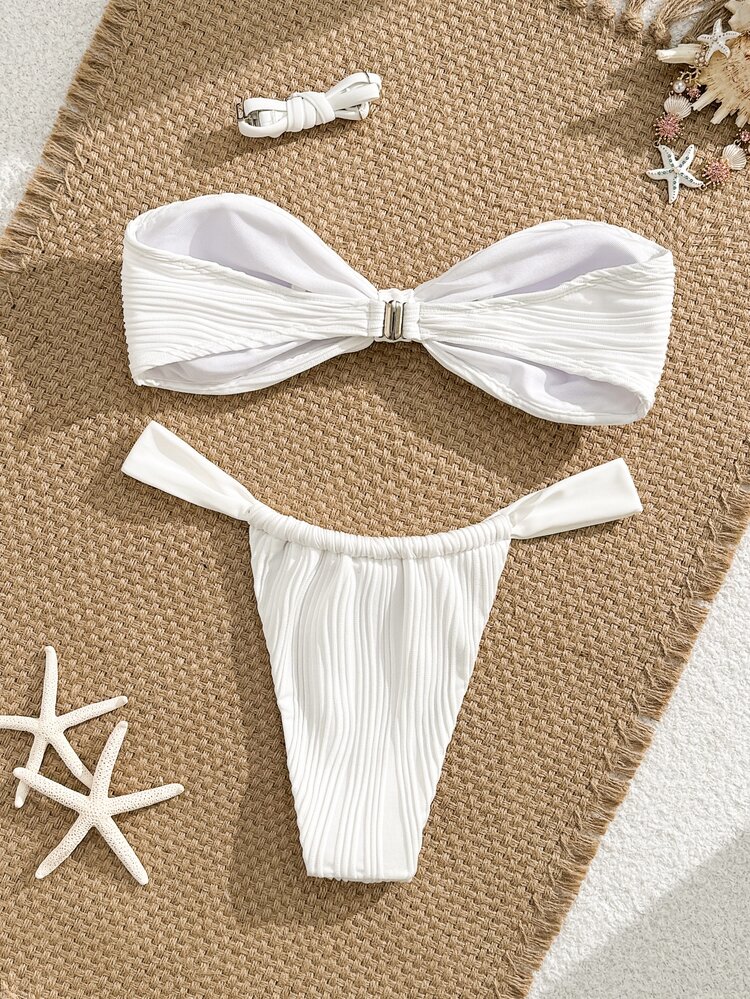SHEIN 2pcs Textured Solid Color Bandeau Triangle Bikini Swimwear Set For Women, Suitable For Beach For Summer Beach Vacation - White - View 2