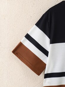 Vacaura 2件組男童休閒街頭風拼色圓領T恤套裝，校園運動風，黑白棕色，夏季款 - 棕色 - 查看 7