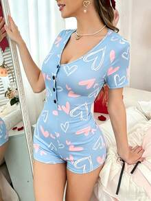 SweetSlumber Heart Pattern Women's Pajama Jumpsuit - Blue - View 4