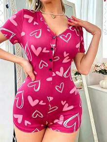 SHEIN 心形图案女士睡衣连体裤 - 玫紅色 - 查看 6