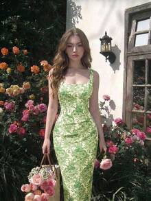 SHEIN MOD Pale Yellow Print Fitted Slit Midi Dress Vacation Summer Elegant - Green - View 2