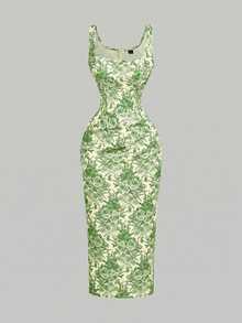 SHEIN MOD Pale Yellow Print Fitted Slit Midi Dress Vacation Summer Elegant - Green - View 3