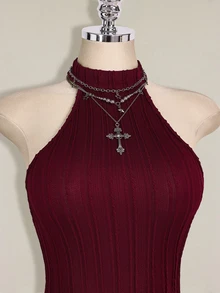 SHEIN ICON 女士黑色露背吊带高领紧身连体裤，休闲基础款 - 酒紅色 - 查看 4