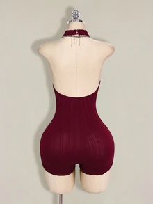 SHEIN ICON Women's Black Halter Backless Bodycon Turtleneck Jumpsuit, Casual Basics - Burgundy - View 2