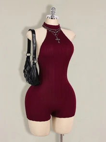 SHEIN ICON Women's Black Halter Backless Bodycon Turtleneck Jumpsuit, Casual Basics - Burgundy - View 5