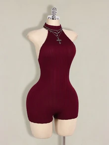SHEIN ICON 女士黑色露背吊带高领紧身连体裤，休闲基础款 - 酒紅色 - 查看 9