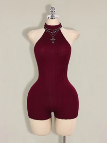 SHEIN ICON 女士黑色露背吊带高领紧身连体裤，休闲基础款 - 酒紅色 - 查看 8