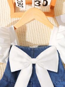 SHEIN Elladie kids 女童泡泡袖藍色洋裝，附蝴蝶結珍珠鈕扣，方領A字版型棉混紡幼兒返校服飾，秋季生日公主風 - 藍色 - 查看 3