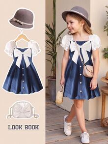 SHEIN Elladie kids 女童泡泡袖藍色洋裝，附蝴蝶結珍珠鈕扣，方領A字版型棉混紡幼兒返校服飾，秋季生日公主風 - 藍色 - 查看 1