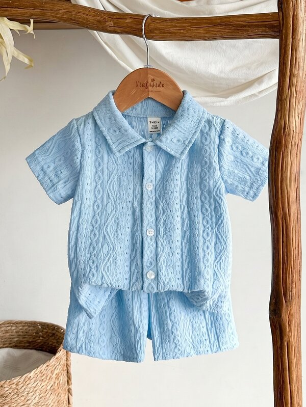 SHEIN Vintaside Kids 男女通用新生儿至1岁宝宝套装，杏色短袖上衣和短裤套装，质感面料，适合宝宝夏季外出穿着，质感面料带来高品质感。