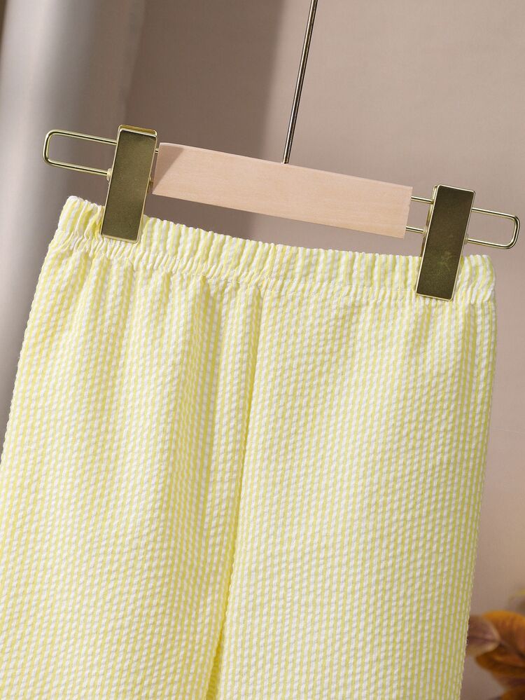 SHEIN Playful Pals 2pcs Girls Striped Lapel Sleeveless Cardigan And Straight Leg Pants Set Back To School School Clothes Summer Holiday - Yellow - View 10