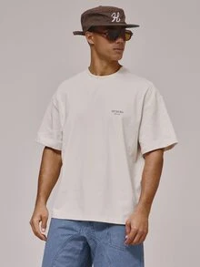 Musero Oversized Crew Neck Short Sleeve Dropped Shoulder "RIVIERA" Lemon Graphic Print Tshirt Spring Summer Holiday Essentials - Camel - View 4