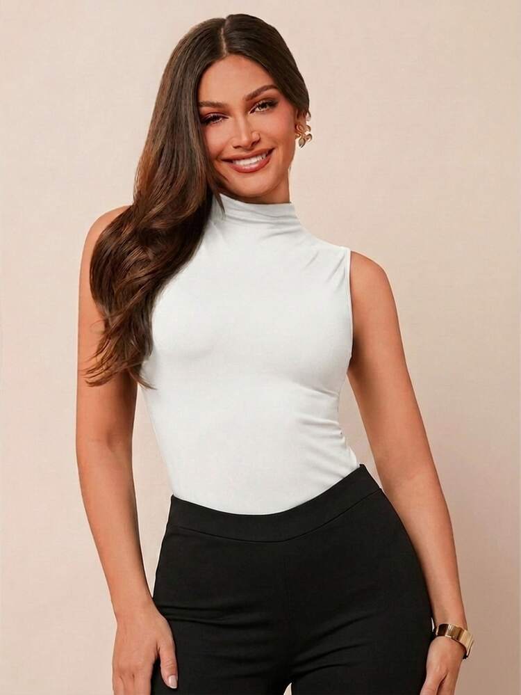 Amorya Women's Black Sleeveless Mock Neck Cotton Versatile Essential Tank Top, Spring/Summer,Summer Top - White - View 4