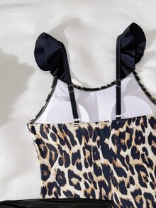 SHEIN 少女豹紋 1 件式泳衣附荷葉邊裙，白色可愛熱帶動物獵豹泳衣套裝，夏季海灘度假假期 - 黑色 - 查看 5