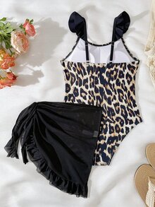 SHEIN 少女豹紋 1 件式泳衣附荷葉邊裙，白色可愛熱帶動物獵豹泳衣套裝，夏季海灘度假假期 - 黑色 - 查看 2