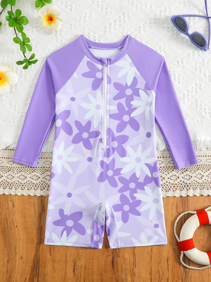 SHEIN 女童連身泳衣，長袖前拉鍊花卉圖案高彈性泳裝，1件親膚柔軟夏季沙灘嬰兒洗禮棕色 - 淡紫色 - 查看 1