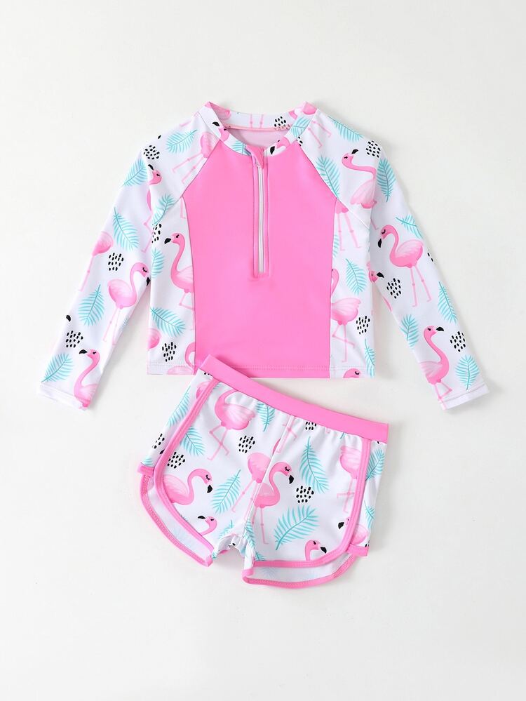 Young Girl Camisole Tankini, Printed Tankini Swimwear Girls' Baby Toddler Long Sleeved With Shorts Rashguard Swim Bathing Suit Set - Pink - View 5