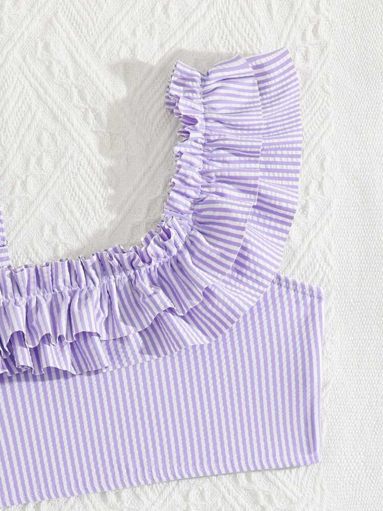 SHEIN Young Girls Bikini Sets Purple And White Stripes Slant Shoulder Ruffle Hem 2 Pieces Swimwear For Summer,Beach,Holiday,Swimming Pool,Lavender,8Y - Purple - View 3