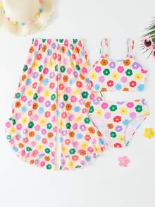 3-Piece Colorful Floral Print Young Girl Bikini Swimwear - Multicolor - View 1
