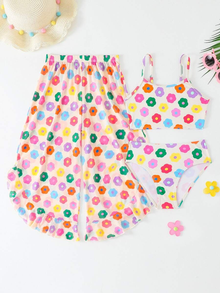 3-Piece Colorful Floral Print Young Girl Bikini Swimwear - Multicolor - View 1