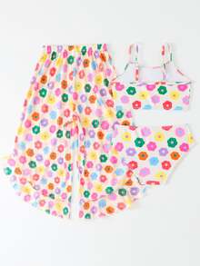 3-Piece Colorful Floral Print Young Girl Bikini Swimwear - Multicolor - View 2