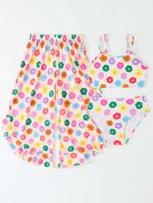 3-Piece Colorful Floral Print Young Girl Bikini Swimwear - Multicolor - View 3