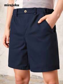 SHEIN Coolqubz Tween Boys' Solid Color Casual Shorts - Navy Blue - View 1